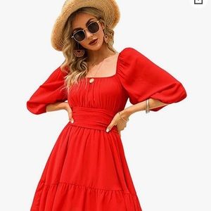 EXLURA Womens Lantern Sleeve Tie Back Dress Ruffled Off Shoulder A-Line Vintage